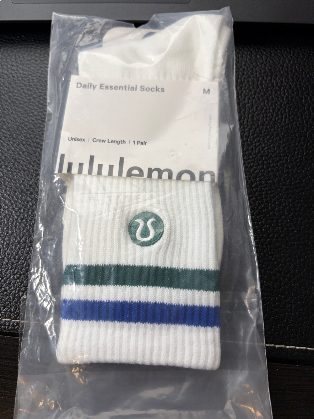 Lululemon Essential Socks Unisex Crew Length White Green Blue Stripe Sz M NEW